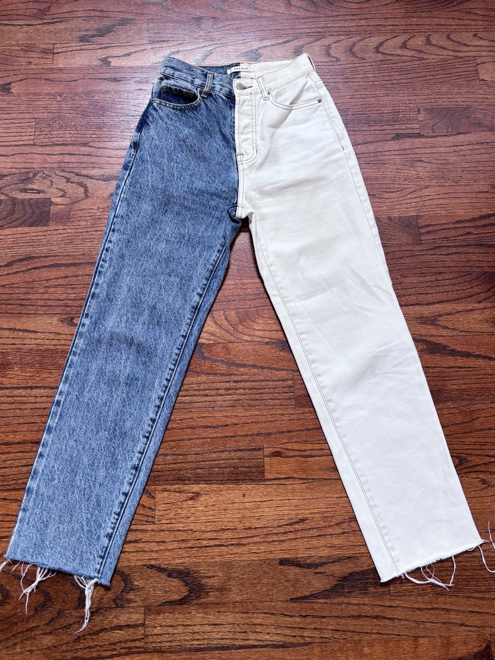 PacSun size 23 waist. Two-Tone Half & Half High-Rise Jeans — Blue and White